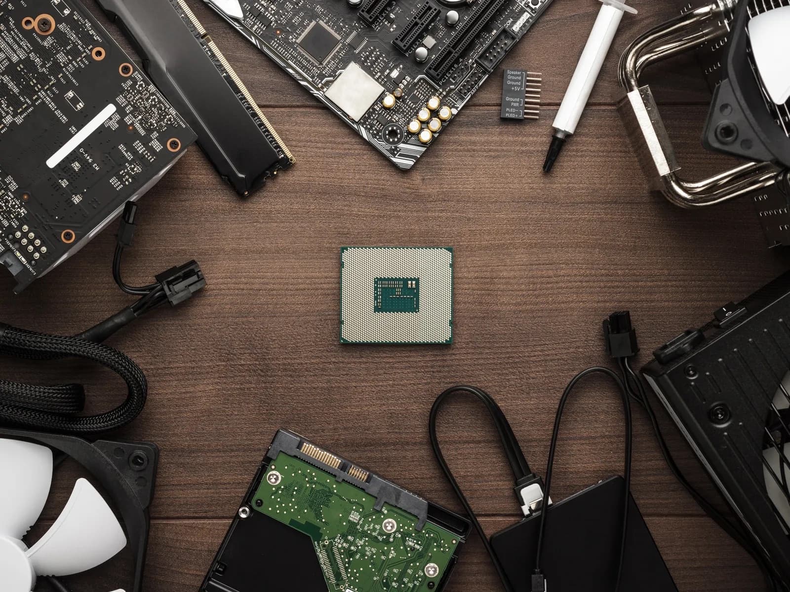 Atlas Workshop PC parts kit laid out on a table